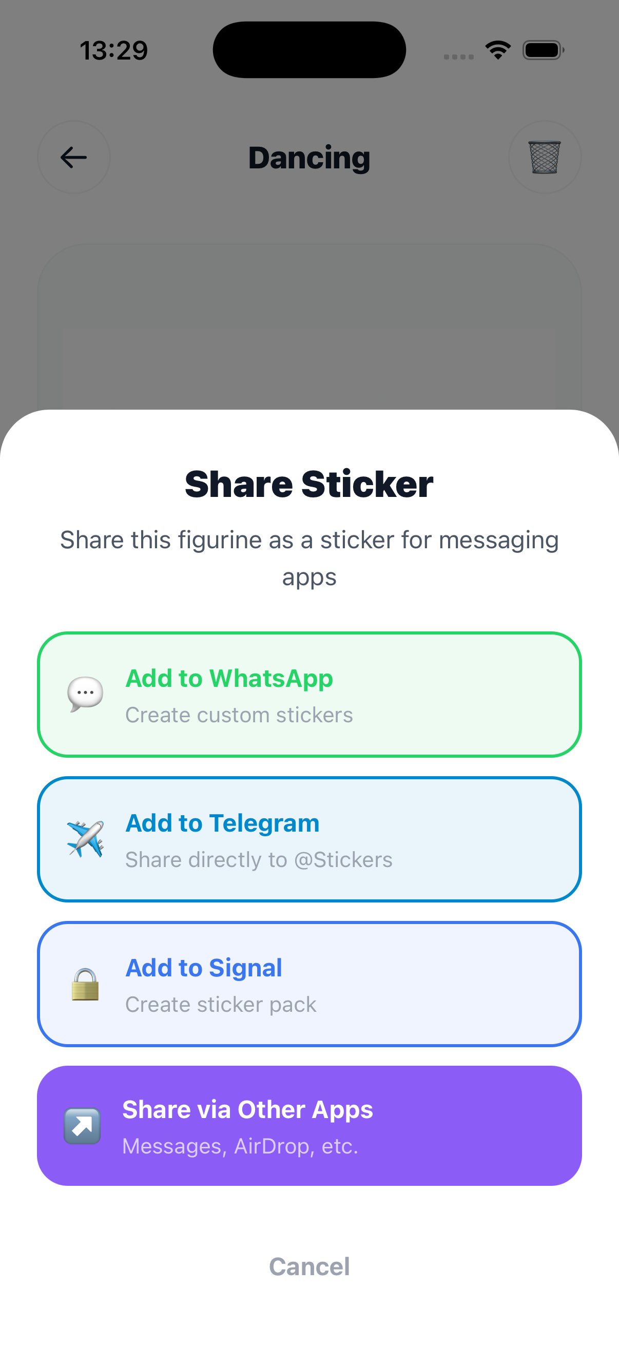 Share figurine as sticker to WhatsApp, Telegram, Signal