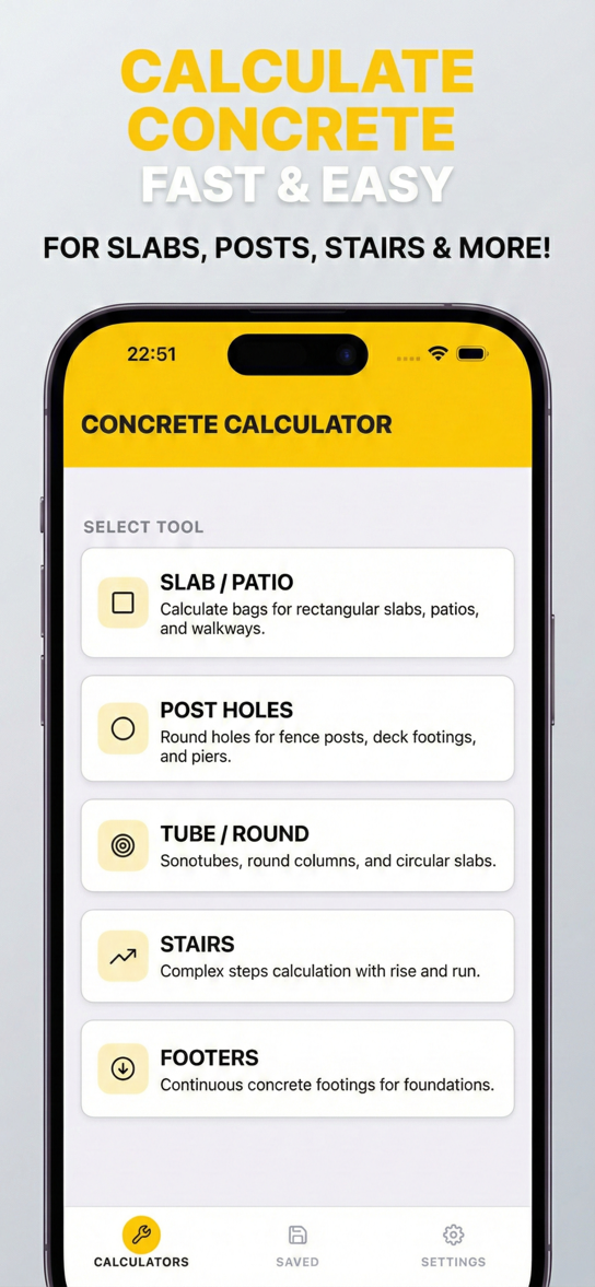 Concrete Calculator main screen showing all project types