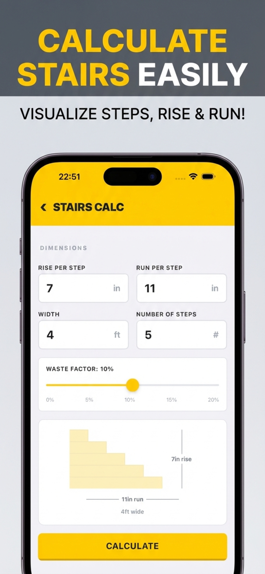 Stairs calculator with step dimensions and visualization