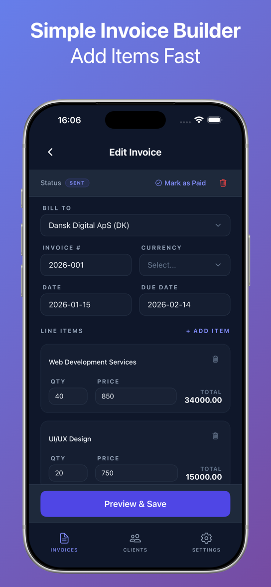 Edit Invoice screen showing line items with quantities, prices, and automatic totals