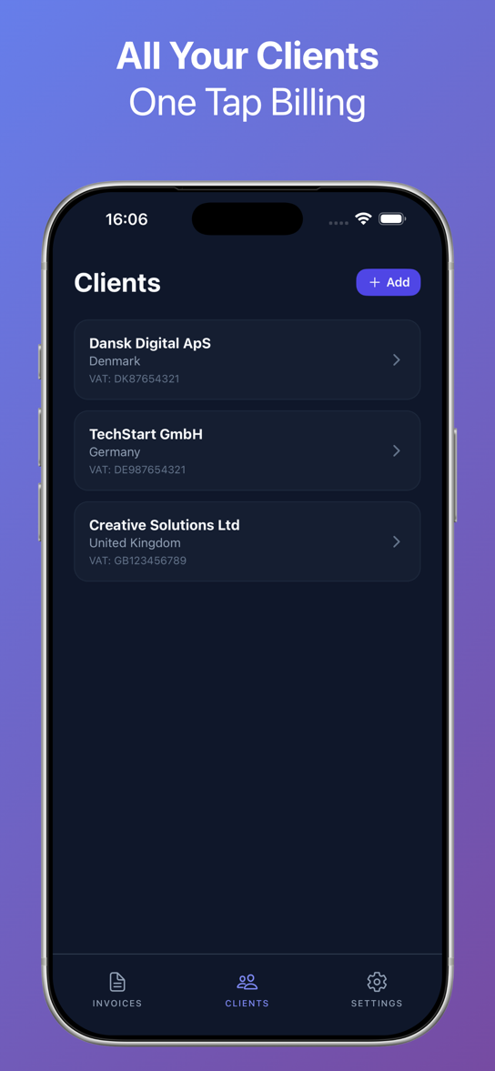 Clients screen showing saved clients with VAT numbers and countries